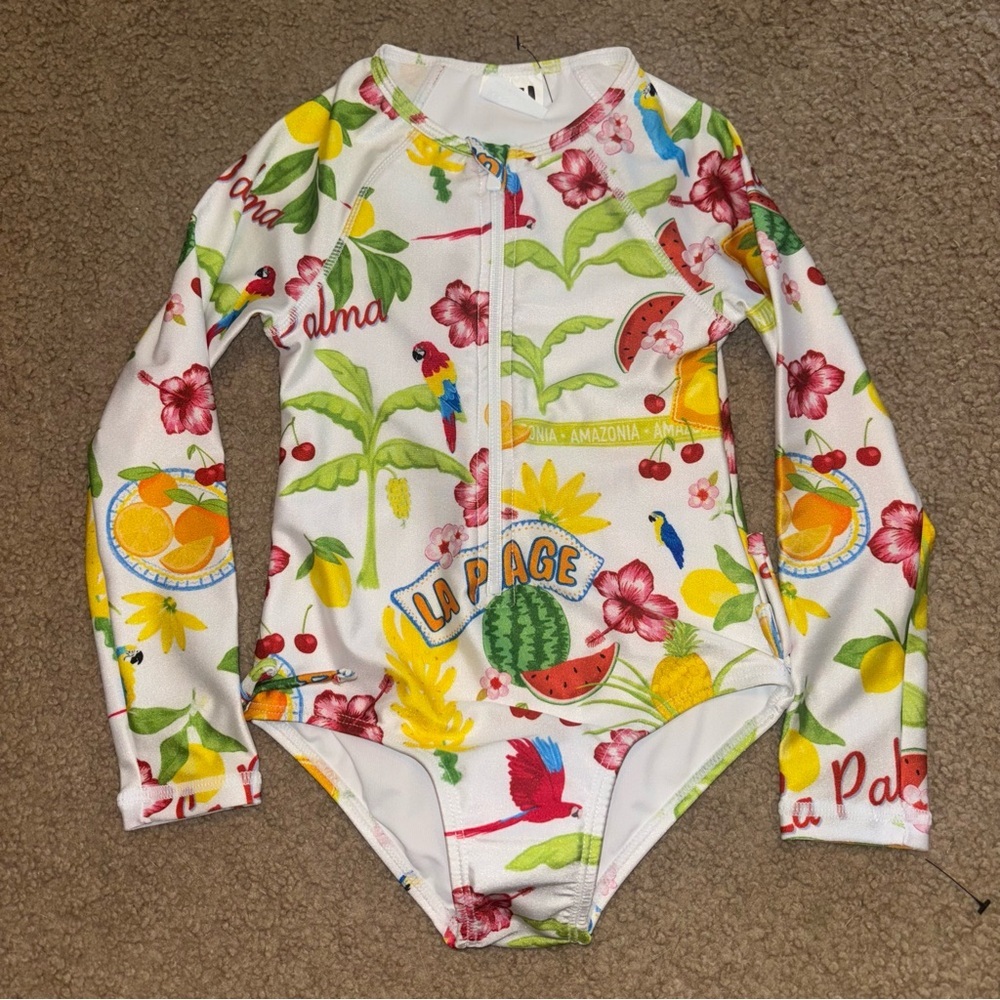 Cotton On Lydia vanilla tropical fruit long sleeve swimsuit, size 4
